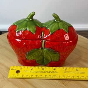 Unbranded Double Strawberry Ceramic Trinket Dish Red Green Small Good Kitschy